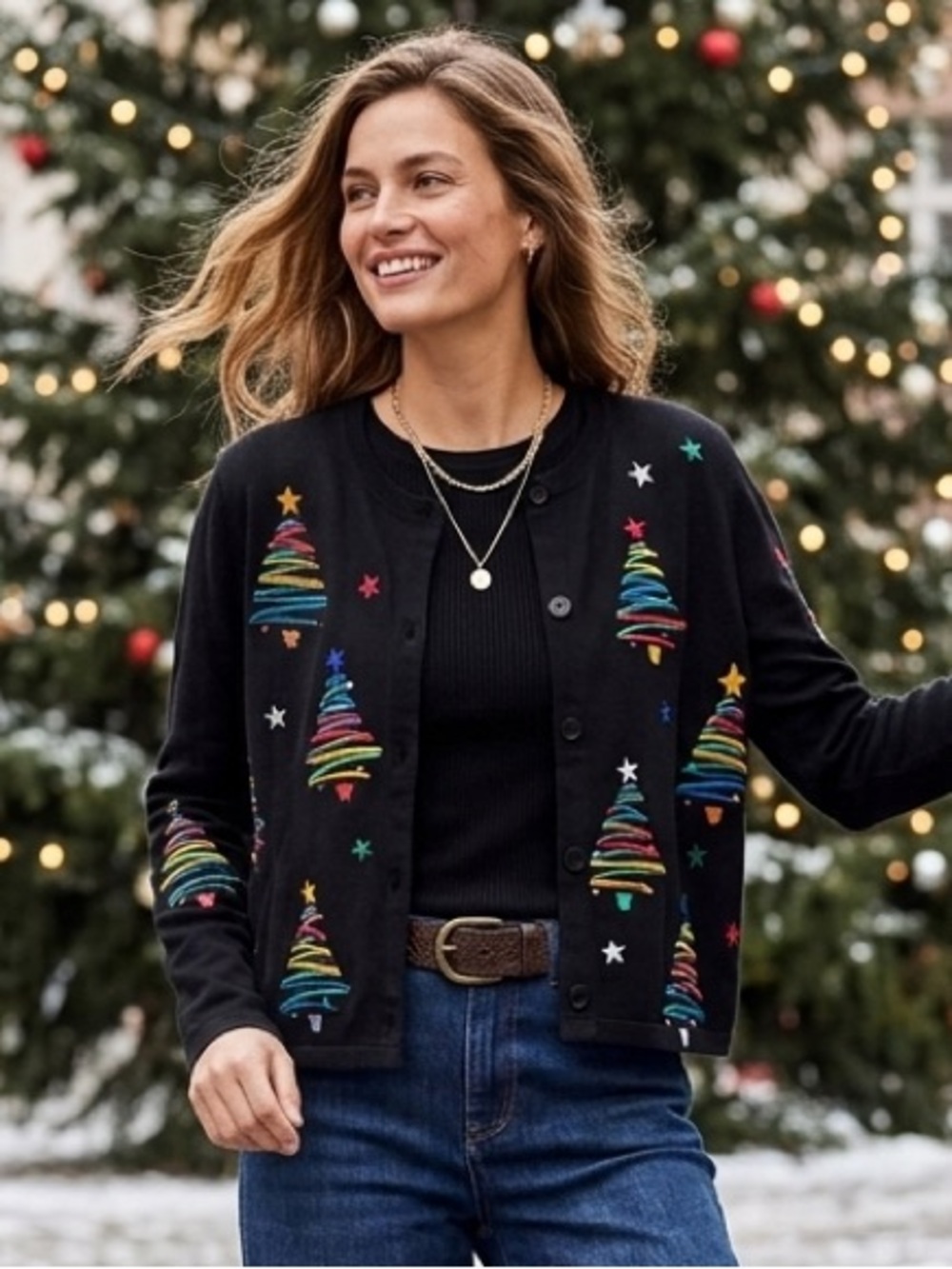 Michael Simon Light Sz L Rainbow Black Christmas Trees Embroidered Cardigan Top